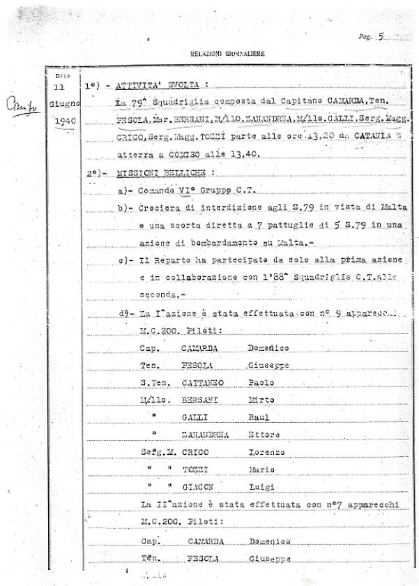 una relazione giornaliera della squadriglia di Giuseppe Pesola
