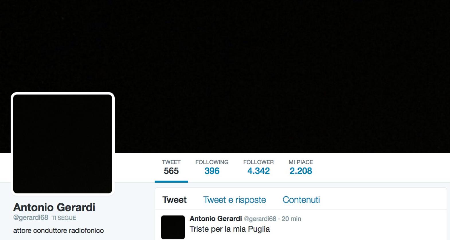 Il profilo Twitter buio, a lutto, di Gerardi
