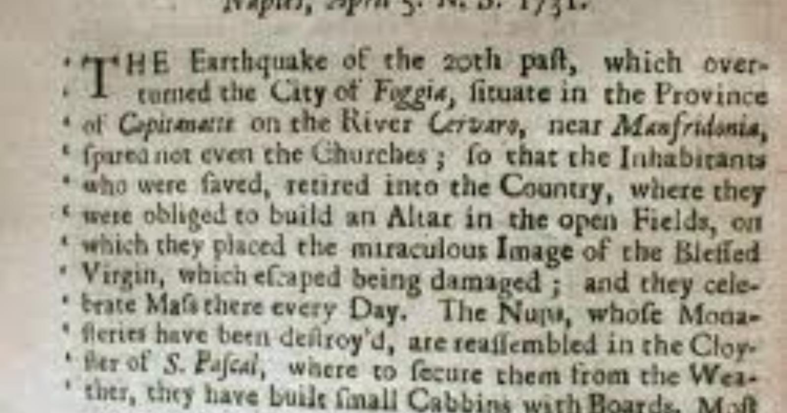 Oggi, 20 marzo 1731, il terremoto che distrusse un terzo di Foggia