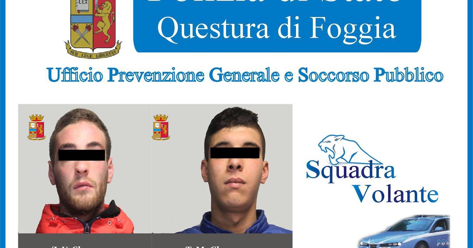 Tentano di rapinare clienti di una pizzeria, la Polizia interviene e arresta un foggiano e un marocchino