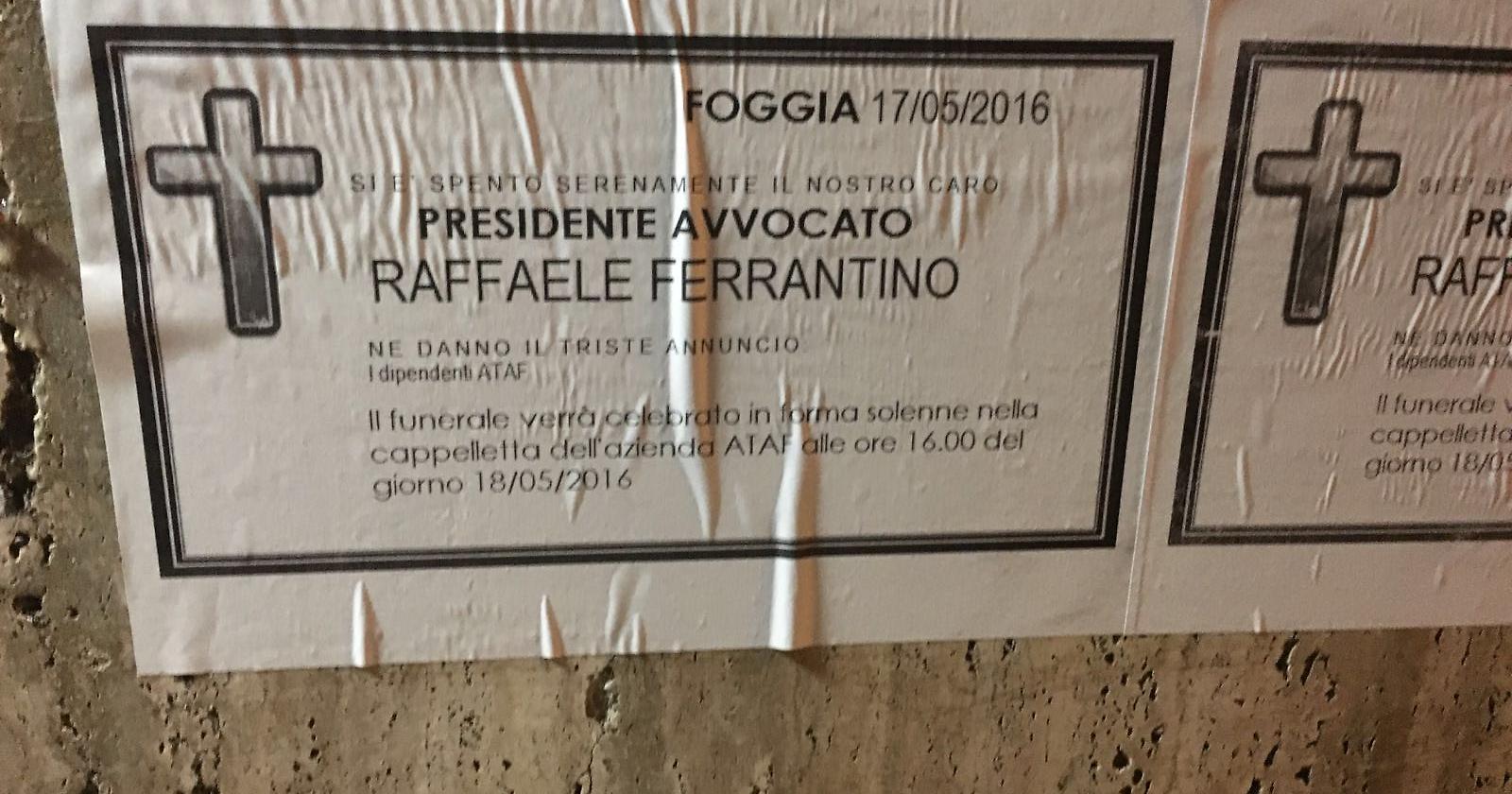 I delinquenti alzano il tiro sul presidente dell'Ataf Ferrantino: siamo ai manifesti mortuari