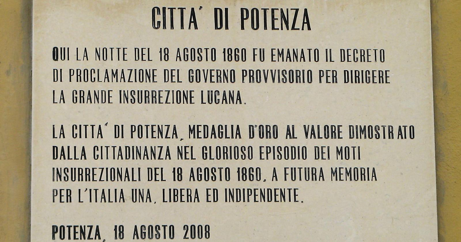 Oggi, 18 Agosto 1860, Potenza, prima di Garibaldi, fa l'Unità d'Italia cacciando i Borbone