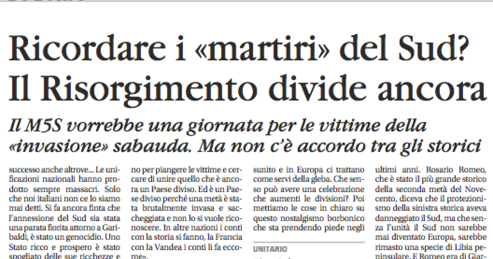 Vittime dell'invasione sabauda: «Il risorgimento divide ancora»