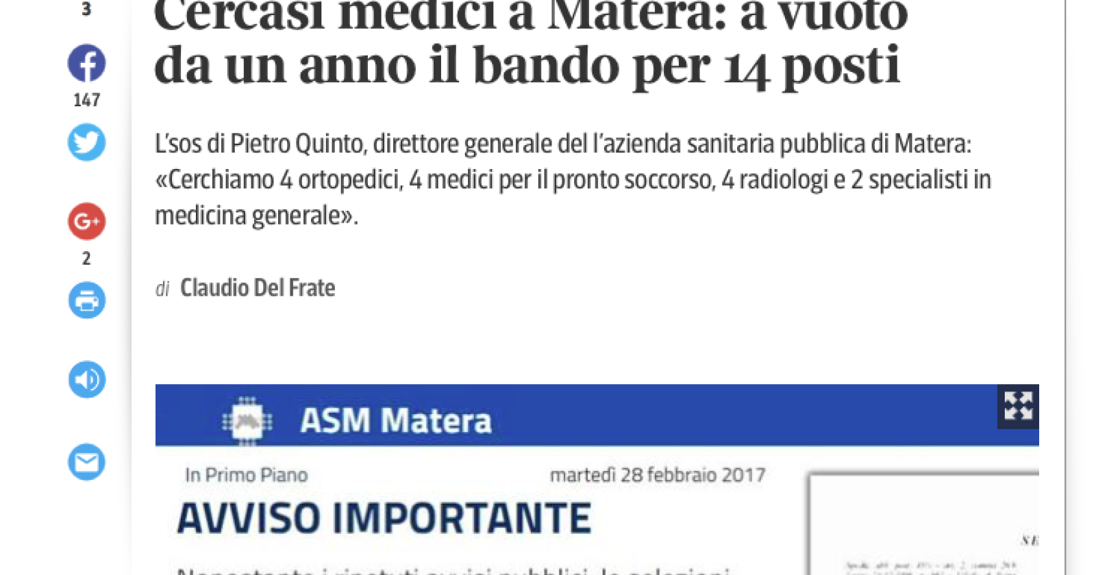 «AAA» cercasi medici a Matera: c'è il bando ma nessuno risponde da tempo