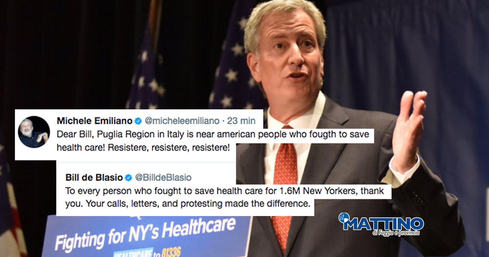 Emiliano twitta al sindaco di New York: «Puglia vicina agli americani che combattono per l’assistenza sanitaria»