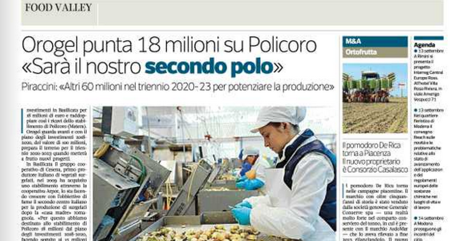 Orogel punta tutto sullo stabilimento di Policoro: in arrivo 18milioni di euro e raddoppiare i ricavi 