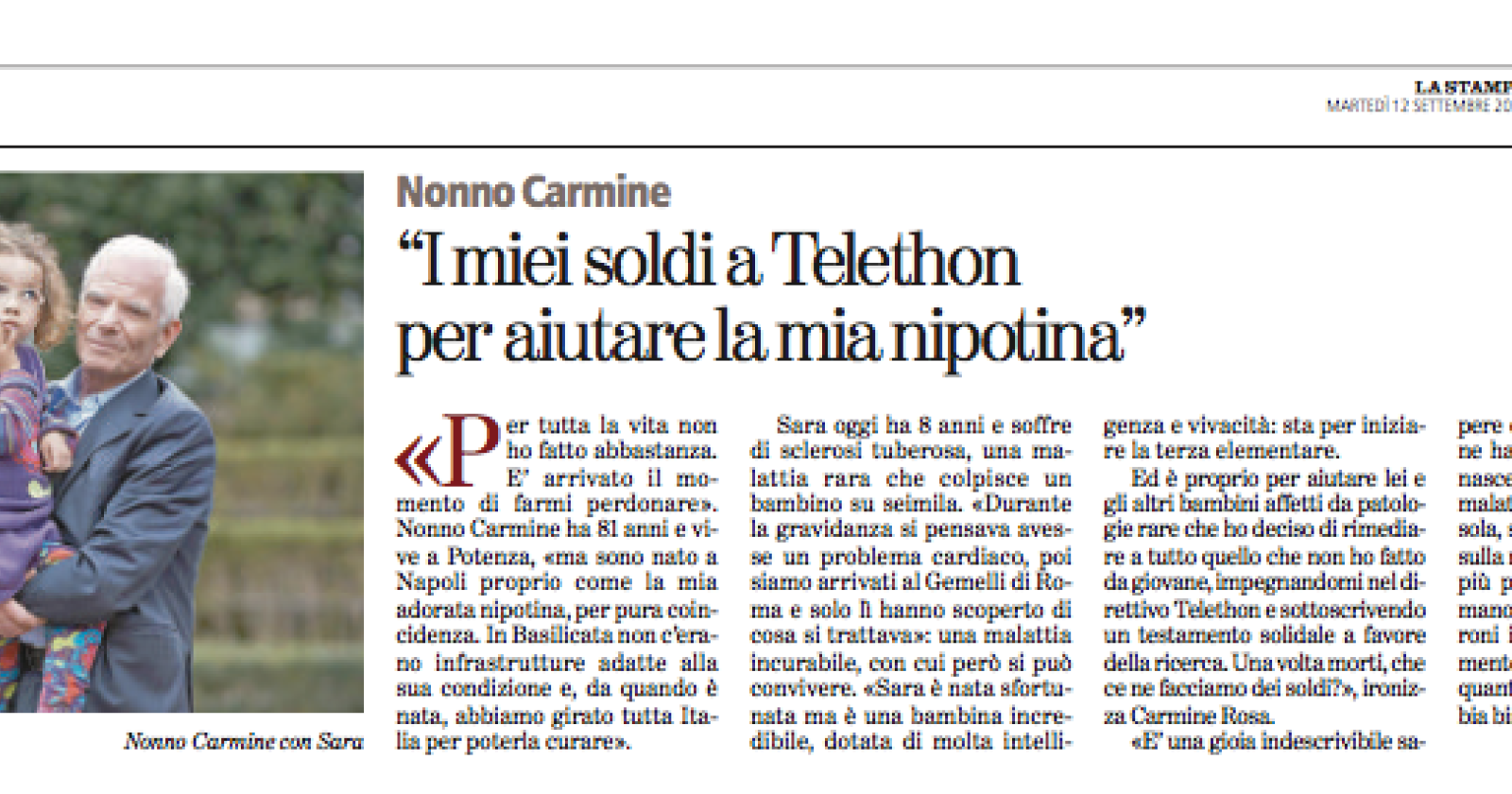 A Potenza il testamento solidale. Nonno Carmine Rosa lascia tutto a Telethon per aiutare la sua nipotina
