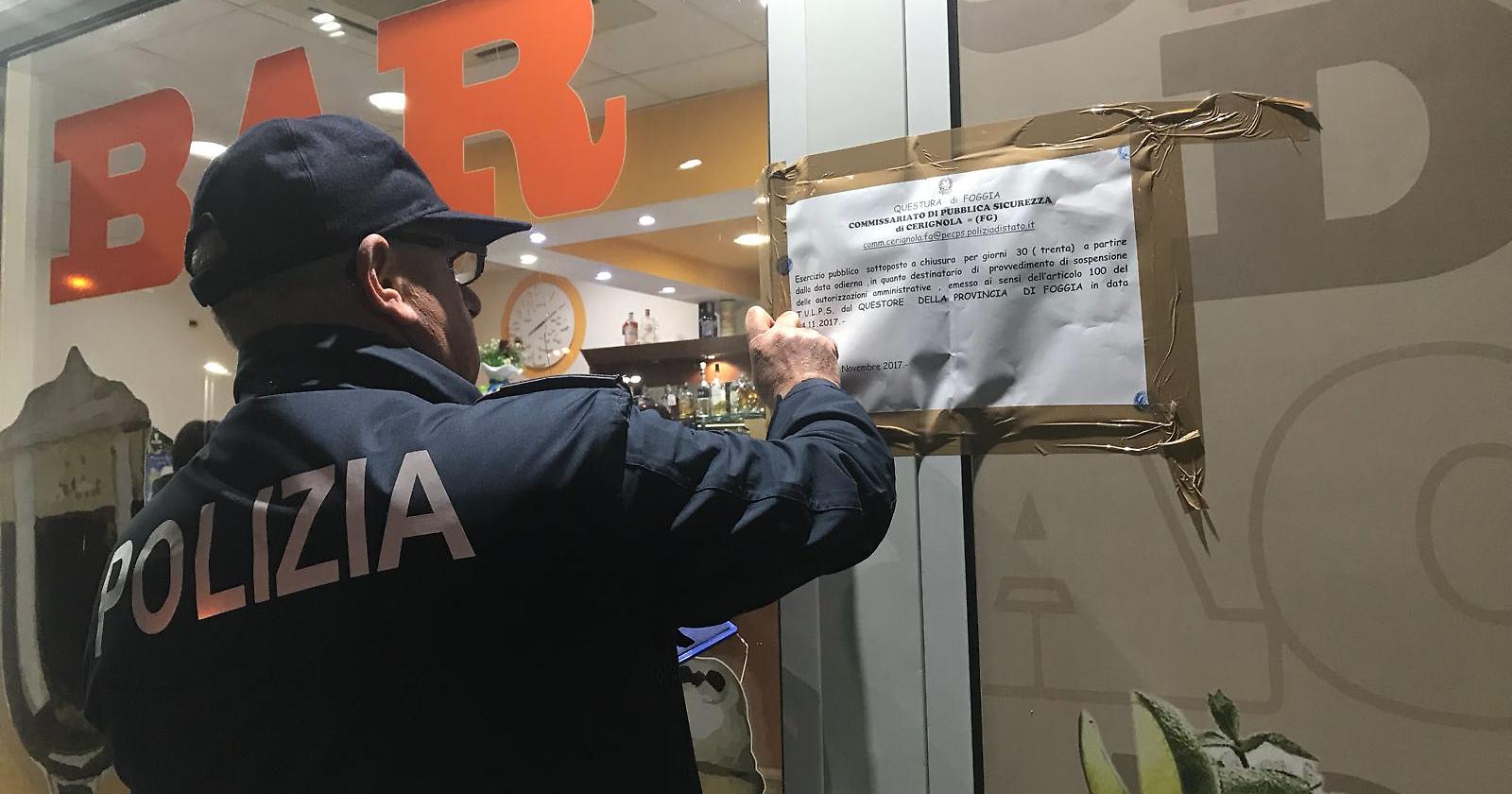 Cerignola, bar frequentato da pregiudicati: il questore lo chiude per un mese 