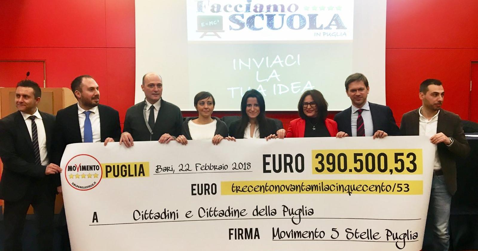 I consiglieri regionali M5S devolvono ai pugliesi 390mila euro dei loro stipendi