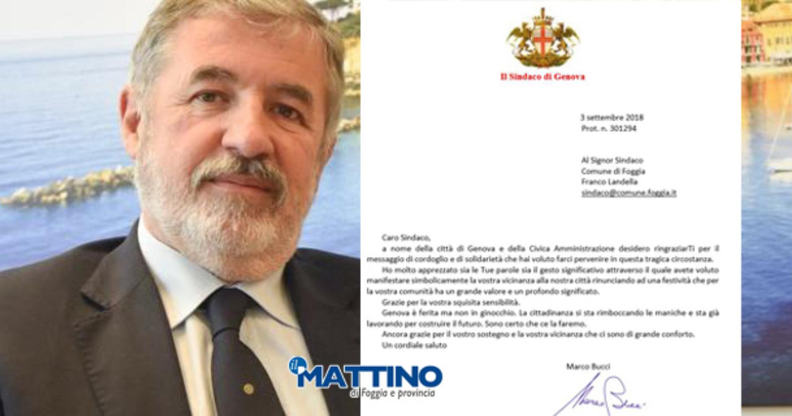 Tragedia ponte Morandi, Genova ringrazia Foggia per la solidarietà: «Siamo feriti ma non in ginocchio, ce la faremo»