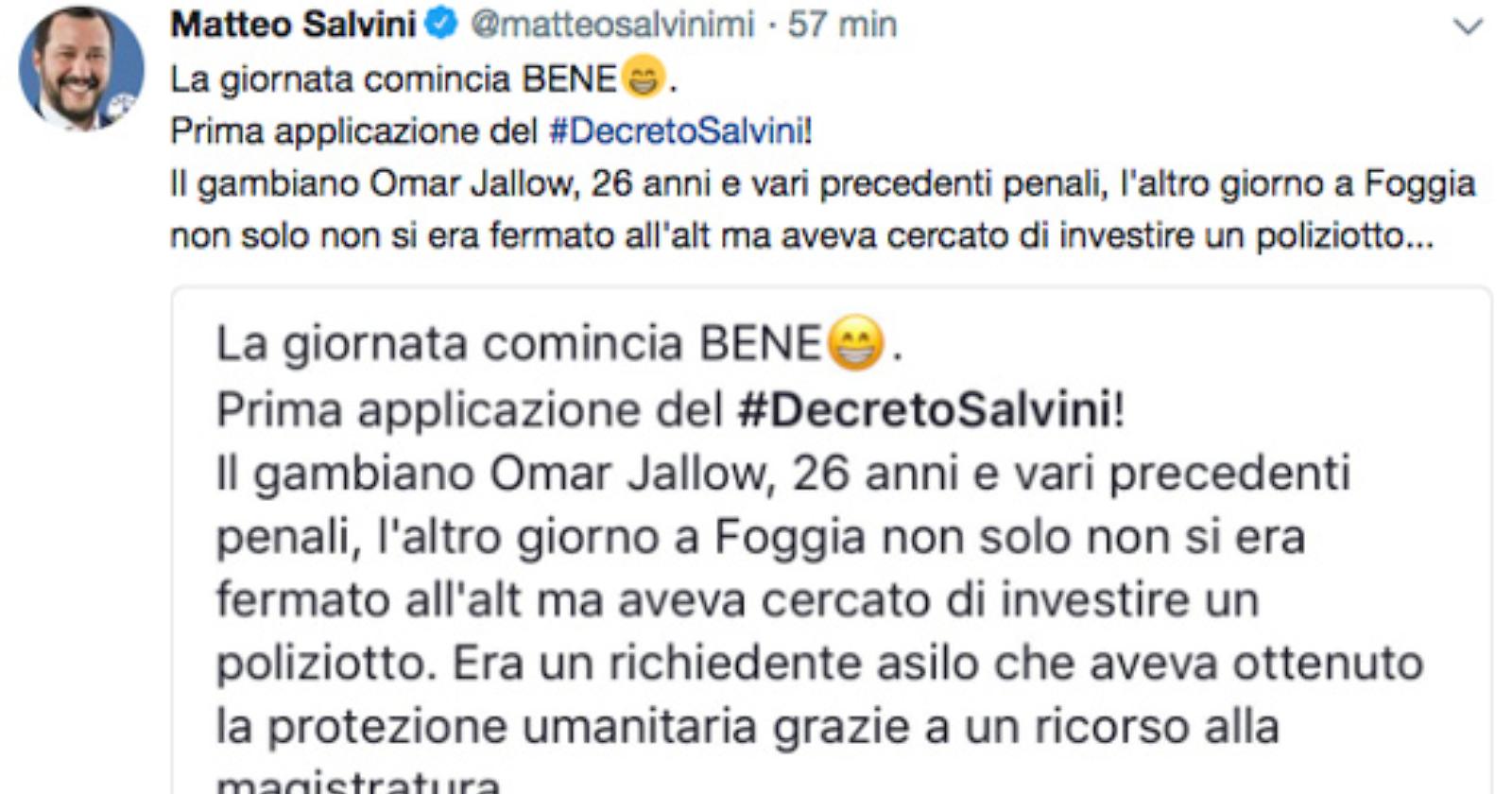 Foggia inaugura il decreto Salvini: espulsione per il pregiudicato gambiano che ha aggredito i poliziotti. Il Ministro: «La giornata comincia bene»