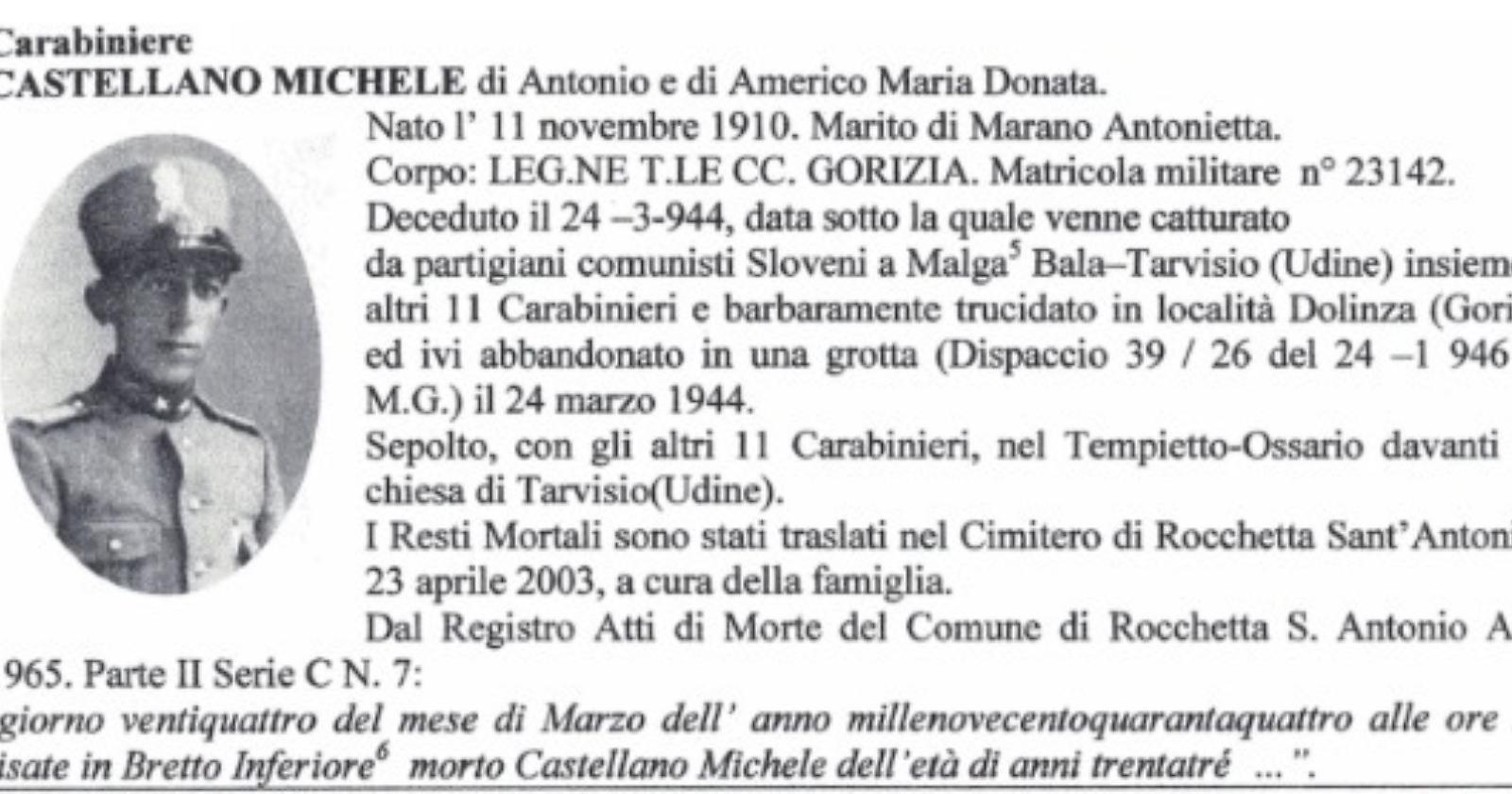 Rocchetta Sant'Antonio, ricorda il suo Michele Castellano