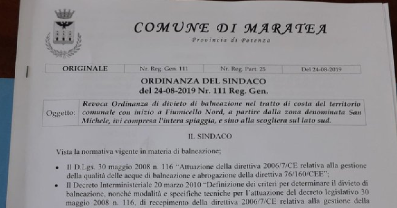 A Maratea si può tornare in mare, il sindaco firma la revoca del divieto di balneazione