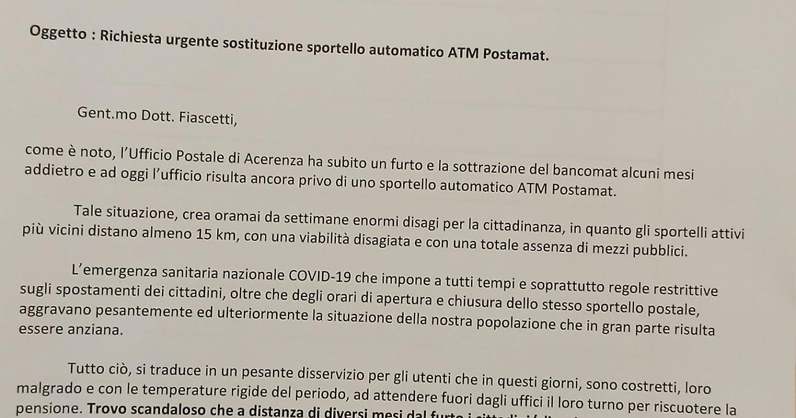 Acerenza: Dopo il furto di dicembre, lo sportello del Postamat non è stato mai ripristinato. Disservizi soprattutto per gli anziani. Il sindaco: «Se non ci ascoltano, il prossimo passaggio sarà un esp