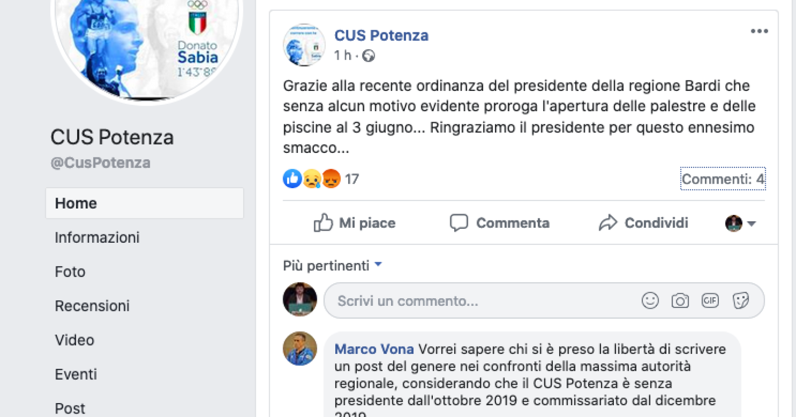 Scoppia il caso Cus Potenza: un post contro il governatore Bardi dal profilo ufficiale innesca l'ordigno