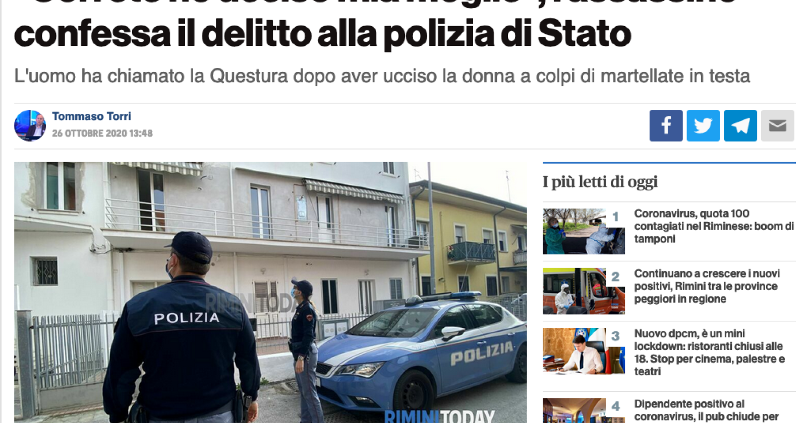 Materano a Rimini uccide la moglie a martellate e confessa