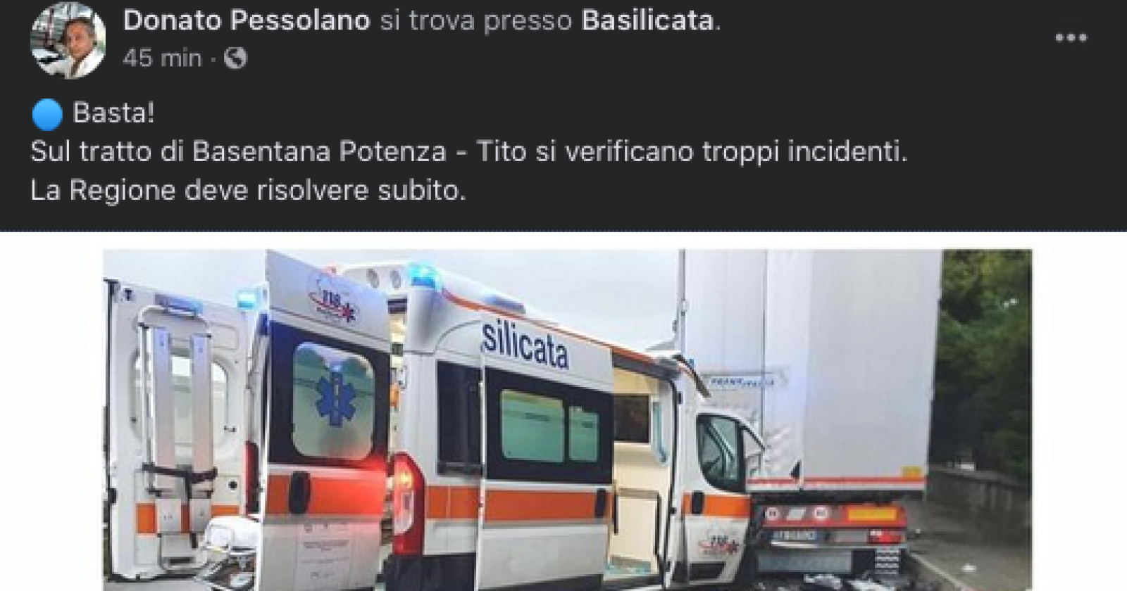 Incidente sulla Tito-Brienza: coinvolta ambulanza del 118, infermiera in rianimazione