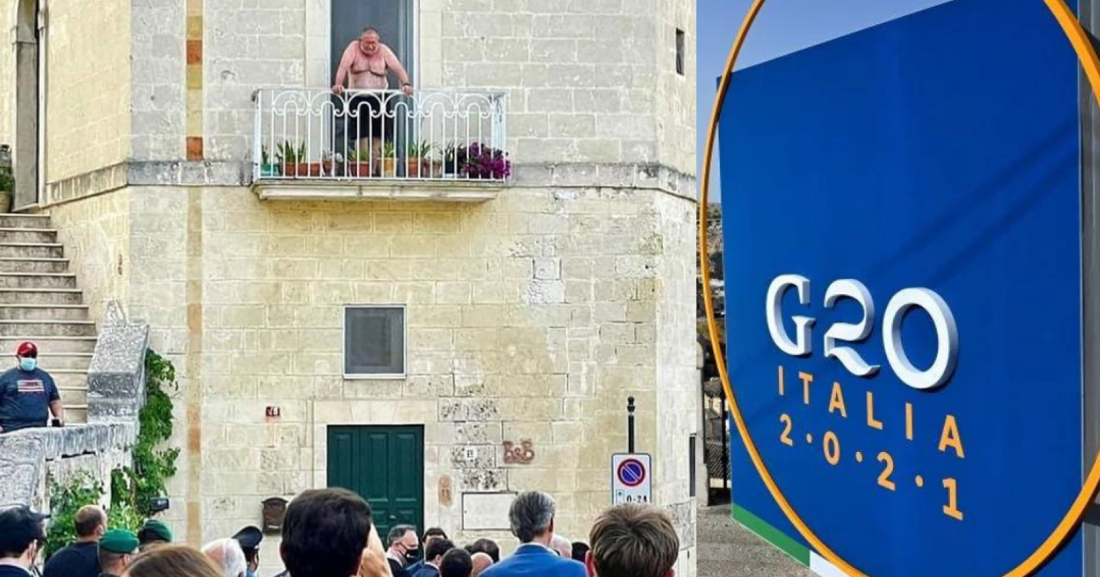 G20 a Matera, a petto nudo sul balcone mentre sfilano i potenti del mondo: la foto è virale 