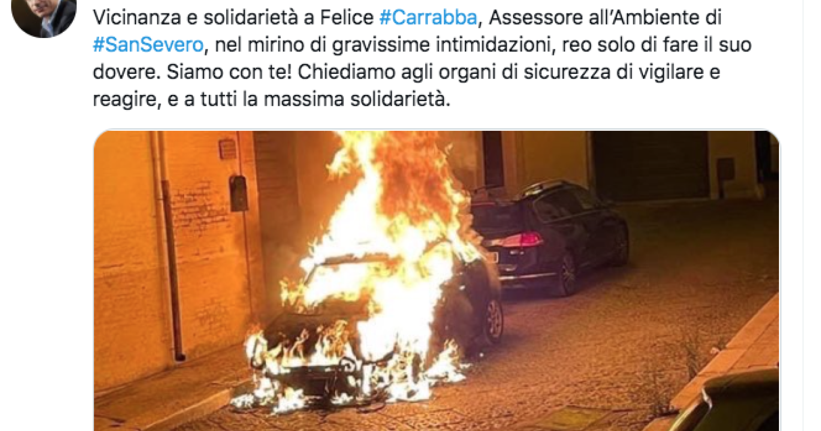 Per l'auto incendiata all'assessore all'ambiente di San Severo, Carrabba, arriva anche la solidarietà di Letta
