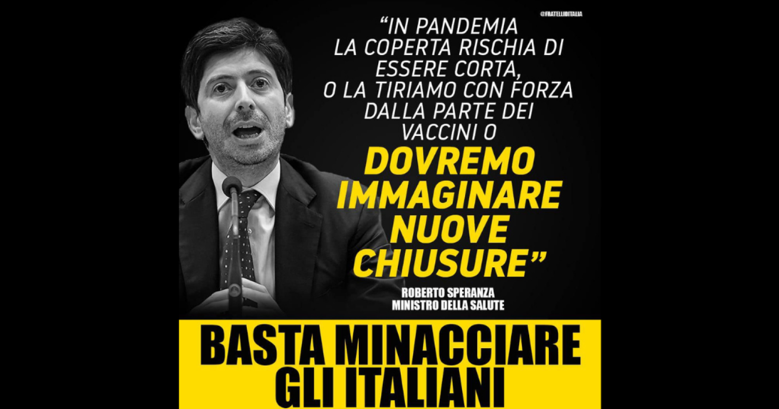 Il rigorista Speranza parla di nuove chiusure. Meloni: «Basta minacciare gli italiani»