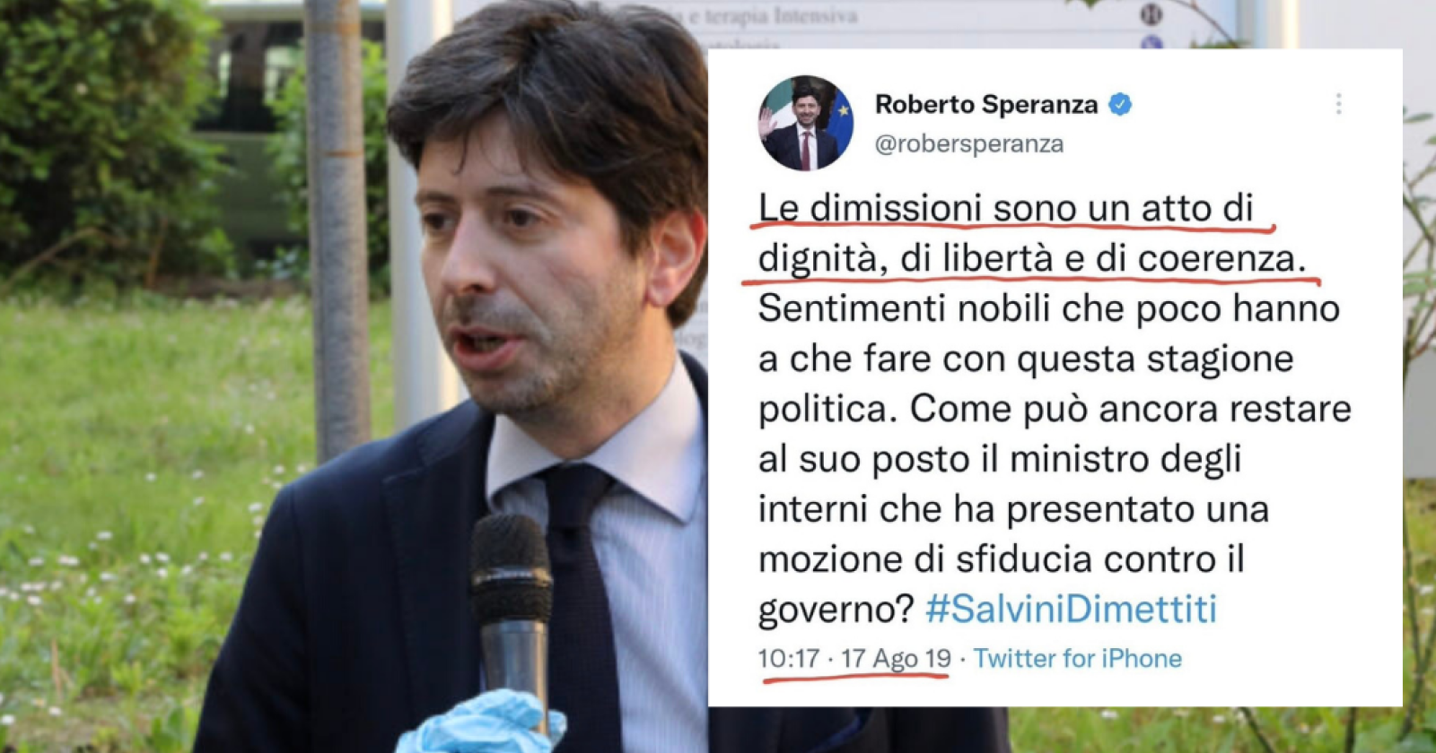 È diventato virale il tweet di Speranza del 2019, sosteneva che «le dimissioni sono un atto di dignità»