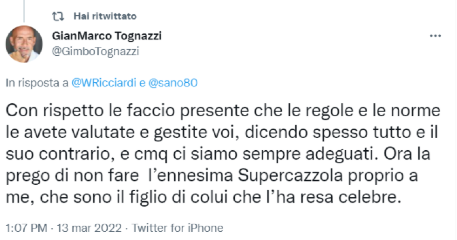 Tognazzi sotterra Ricciardi: sulle restrizioni avete detto «tutto e il contrario di tutto» e gli ricorda che era più famoso come attore