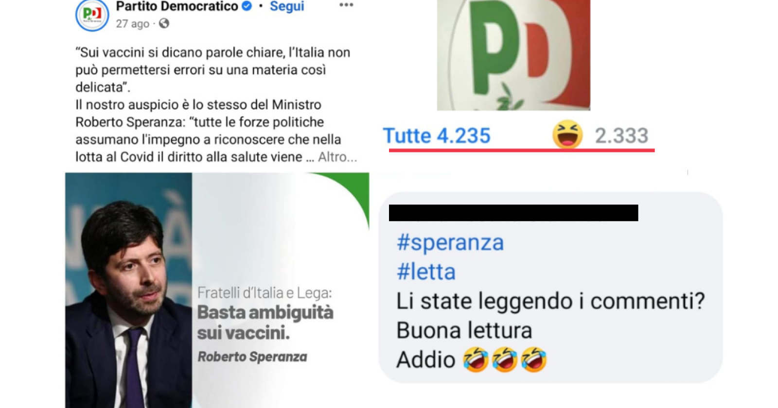 Sulla campagna vaccinale Speranza chiede chiarezza a FdI e Lega: ecco cosa succede sulla pagina del Pd