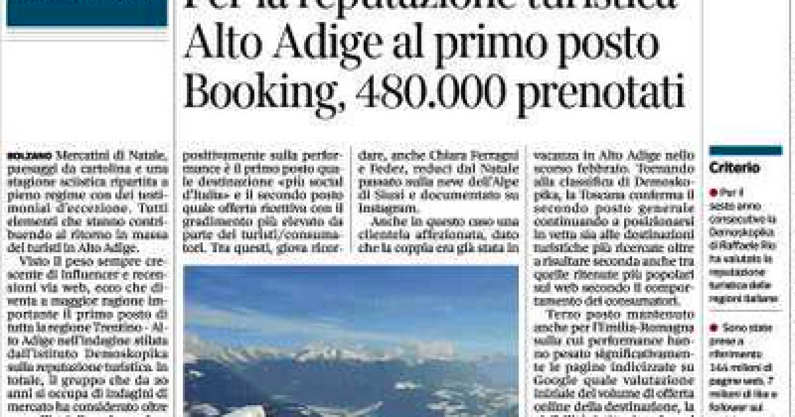 Reputazione turistica: l'Alto Adige è al primo posto ma la Basilicata è nella top ten