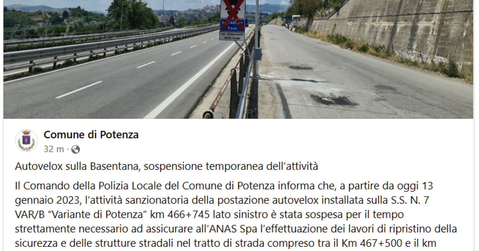 Autovelox e "attività sanzionatoria": lo sgangherato post del Comune di Potenza