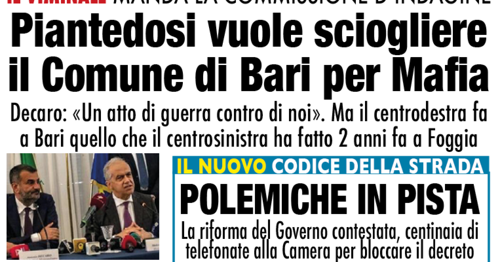 Piantedosi vuole sciogliere il Comune di Bari per Mafia