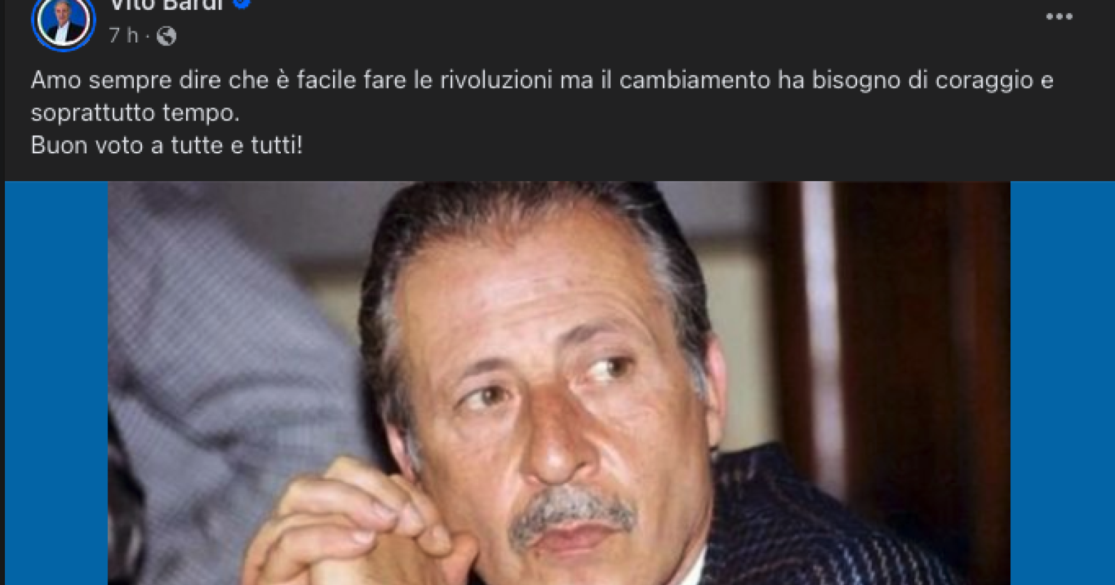 Bardi evoca Borsellino nel giorno del voto: «Il cambiamento ha bisogno di coraggio e tempo»