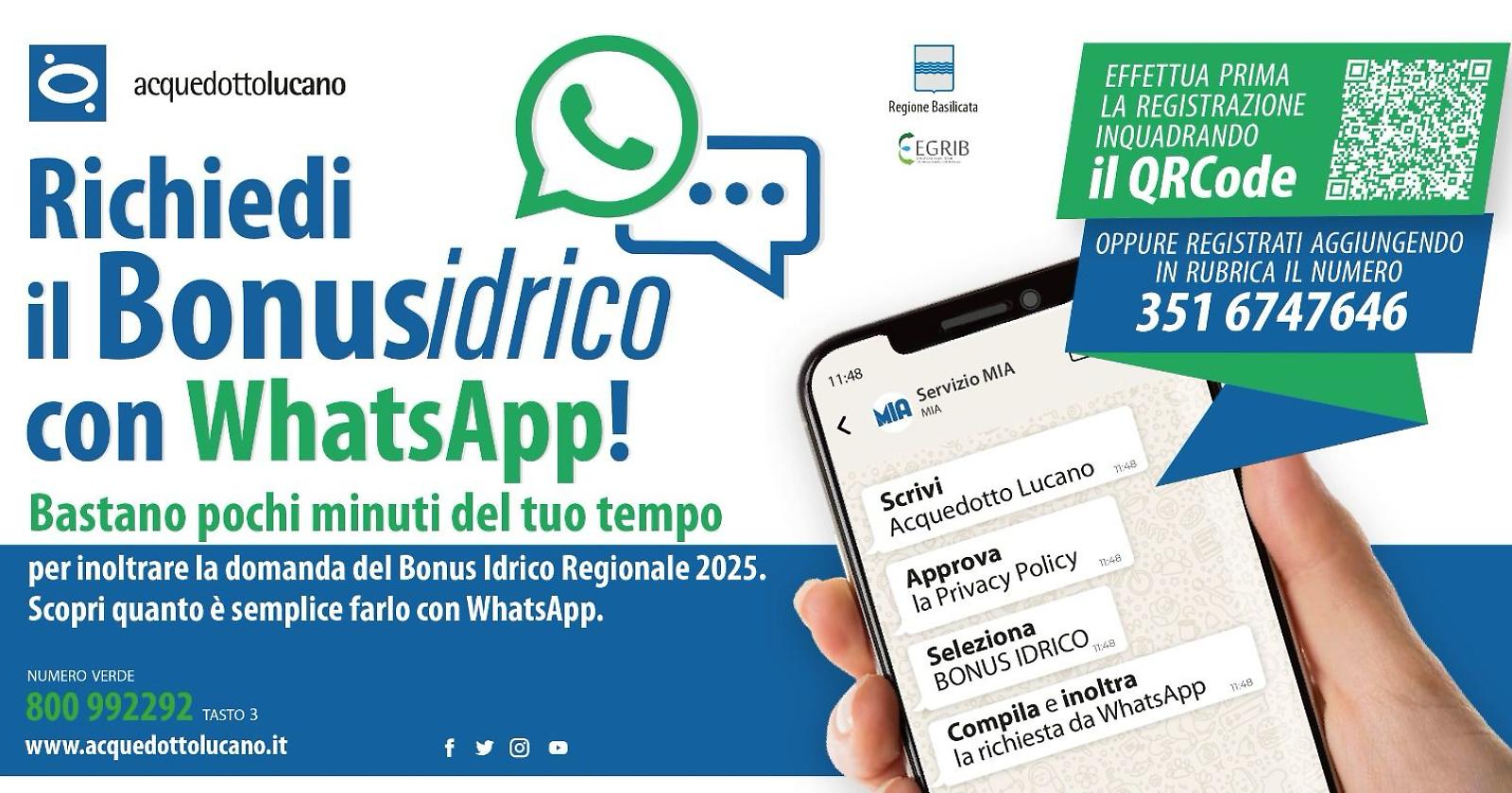 Bonus Idrico Regione Basilicata 2025: domande a partire da lunedì anche tramite WhatsApp 