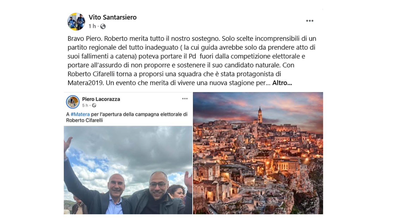 Lacorazza in loco, Santarsiero online: un pezzo di Pd sta con Cifarelli 