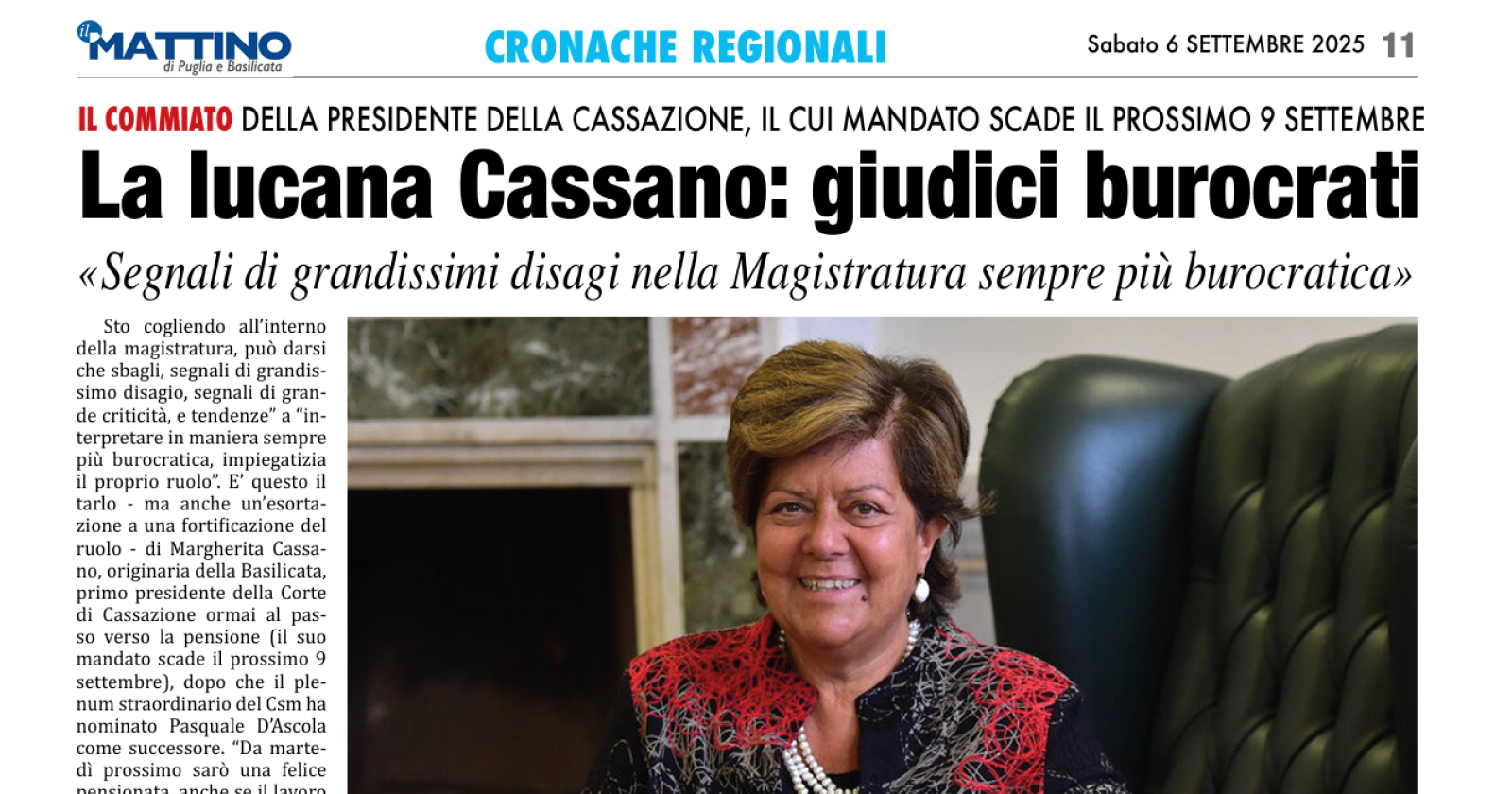 Cassazione, Margherita Cassano al passo d’addio: va in pensione la presidente lucana