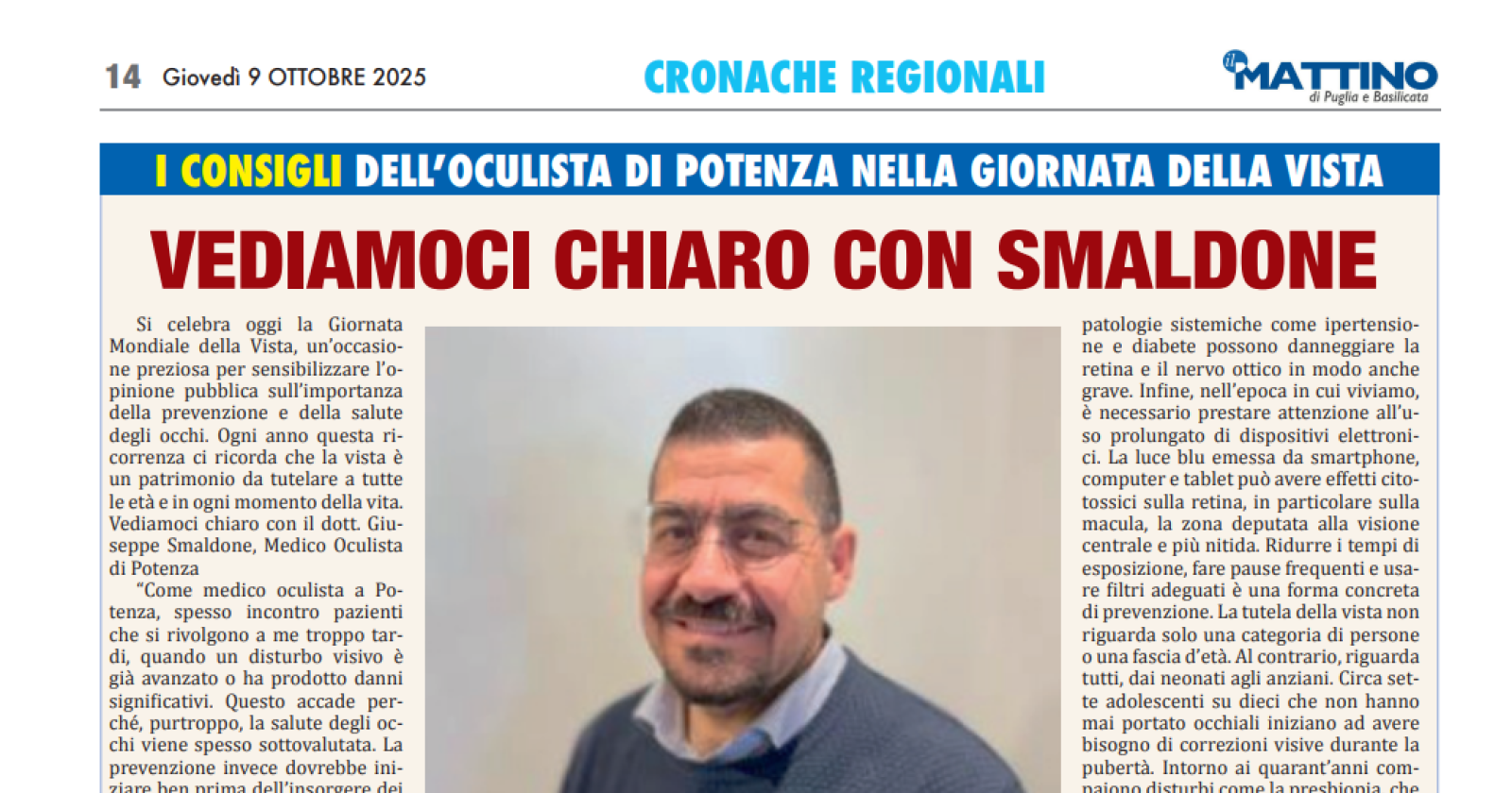 Giornata mondiale della vista, da Potenza i consigli dell'oculista Smaldone 