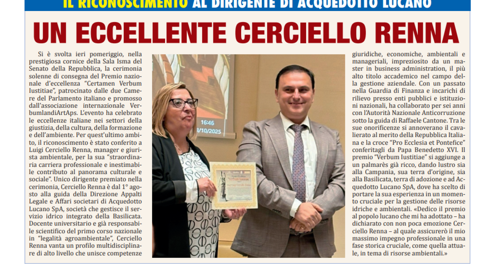 «Dedico il premio al popolo lucano»: Cerciello Renna premiato per l’impegno ambientale