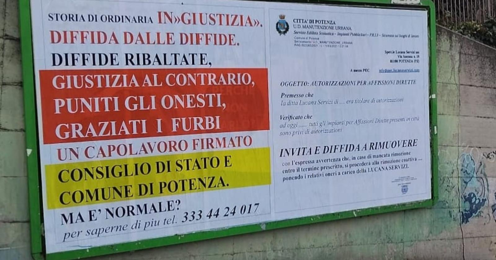 A Potenza esplode la protesta sui muri della citt&agrave;, nel mirino una vicenda amministrativa sugli impianti pubblicitari: &laquo;Giustizia al contrario, puniti gli onesti&raquo;