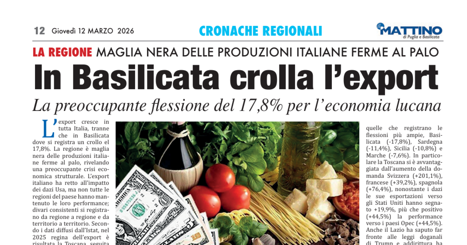 In Basilicata crolla l'export