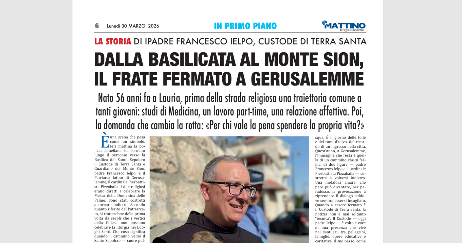 Dalla Basilicata al Monte Sion: la storia di padre Ielpo, custode di Terra Santa