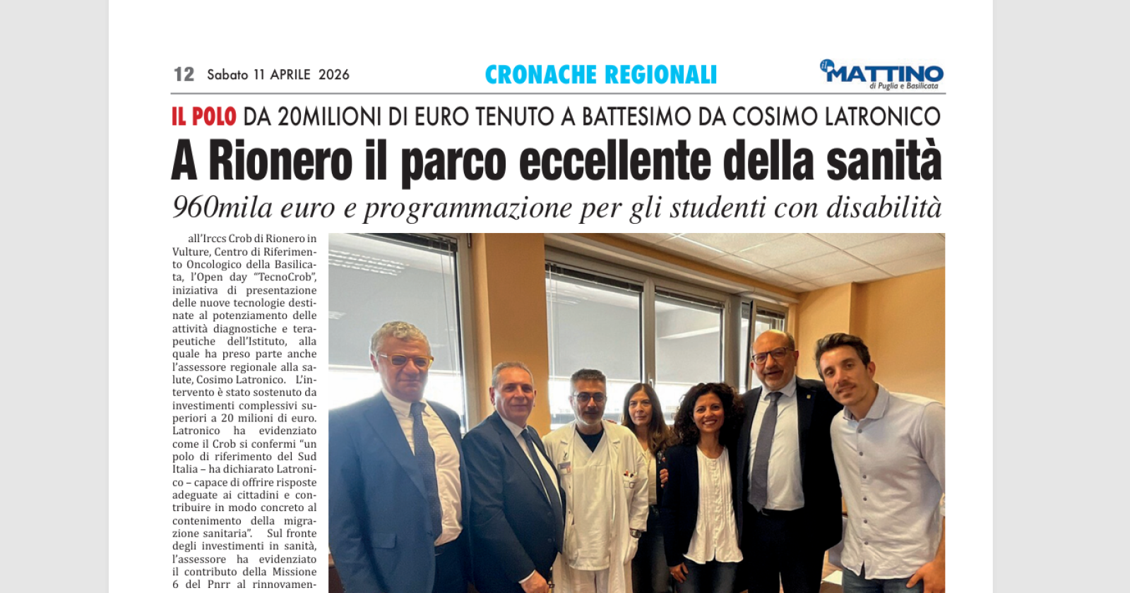 A Rionero il parco eccellente della sanit&agrave; lucana