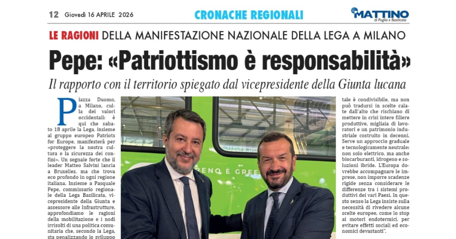 'Senza Paura', verso il 18 aprile. Pepe (Lega): &laquo;Patriottismo &egrave; responsabilit&agrave;&raquo;