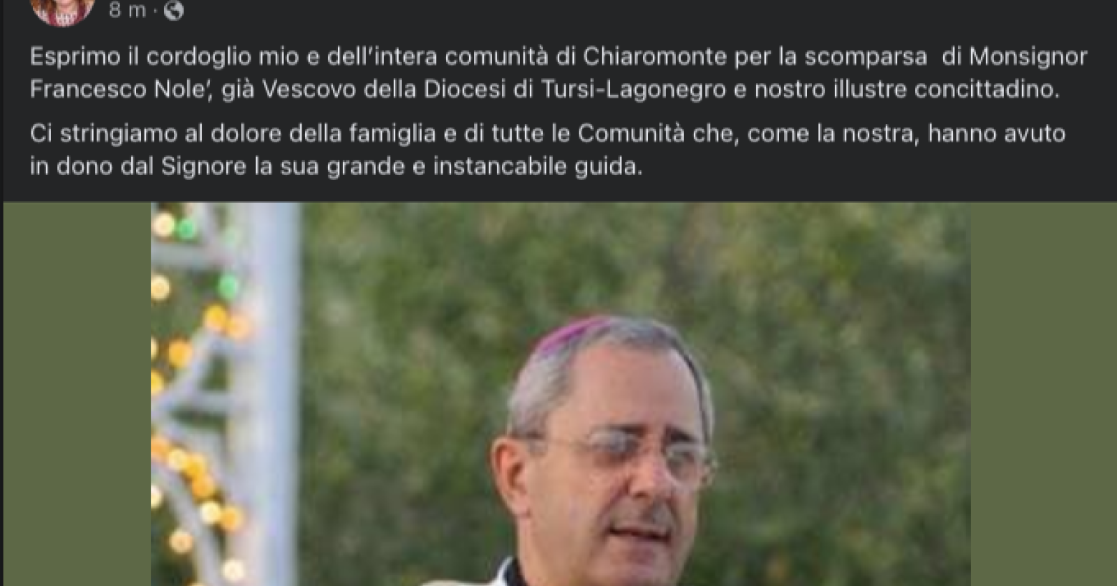 Scomparsa di monsignor Nolè, il sindaco di Chiaromonte: «Ci stringiamo al dolore della famiglia e di tutte le Comunità che, come la nostra, hanno avuto in dono dal Signore la sua grande e instancabile