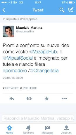 VàZapp  e la petizione  sul pomodoro: il Ministro Martina risponde all'appello con un tweet