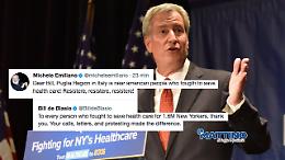 Emiliano twitta al sindaco di New York: «Puglia vicina agli americani che combattono per l’assistenza sanitaria»