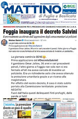 Foggia inaugura il decreto Salvini: espulsione per il pregiudicato gambiano che ha aggredito i poliziotti. Il Ministro: «La giornata comincia bene»