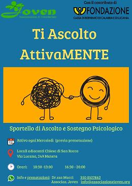 “Ti Ascolto AttivaMente” a Matera uno sportello gratuito sul sostegno psicologico